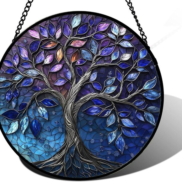 Blue Purple Tree of Life s Colorful Glass Panel Plants Suncatcher Decor for Birt - Picture 1 of 6